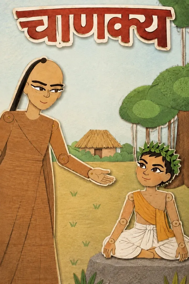 Chanakya, in paper-cut style, points a seated boy towards a village.