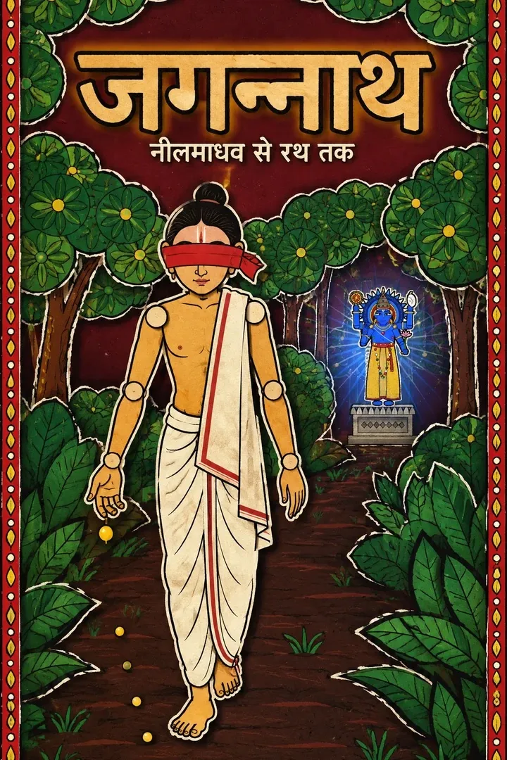 A blindfolded young man in a forest walks towards a glowing shrine.