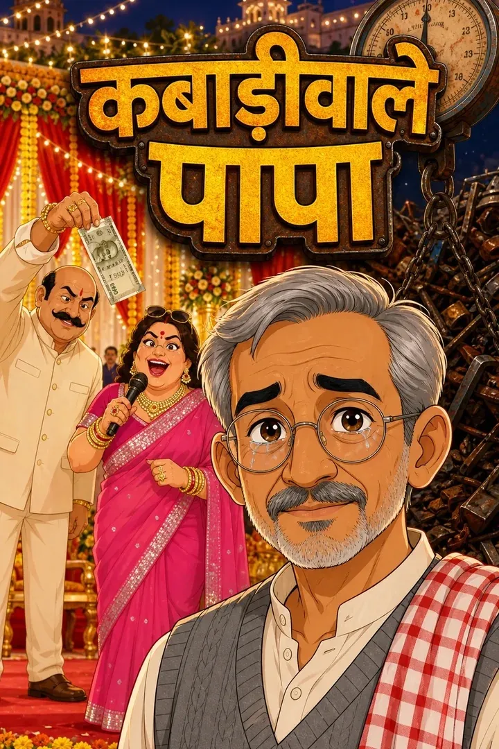 A grey-haired father in a checked gamchha smiles in front of a glittering party.