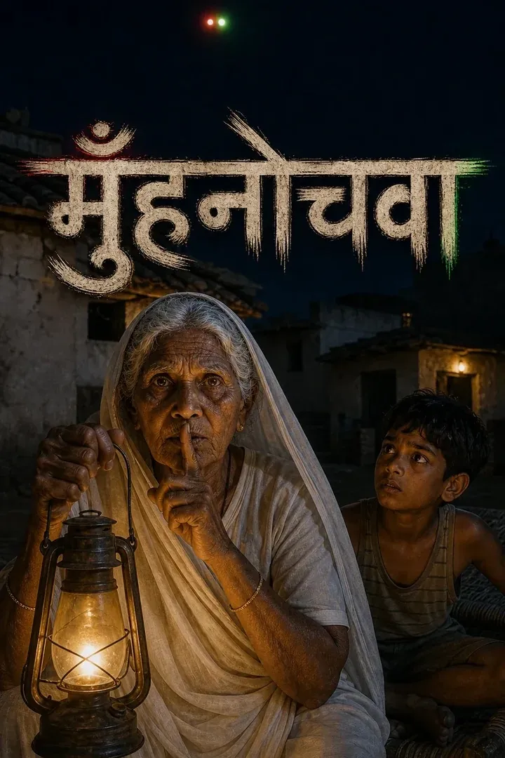 An old woman with a lantern hushes a frightened boy in a village at night.