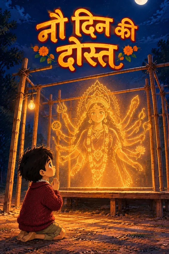 A small boy kneels before a glowing goddess on a Navratri stage at night.
