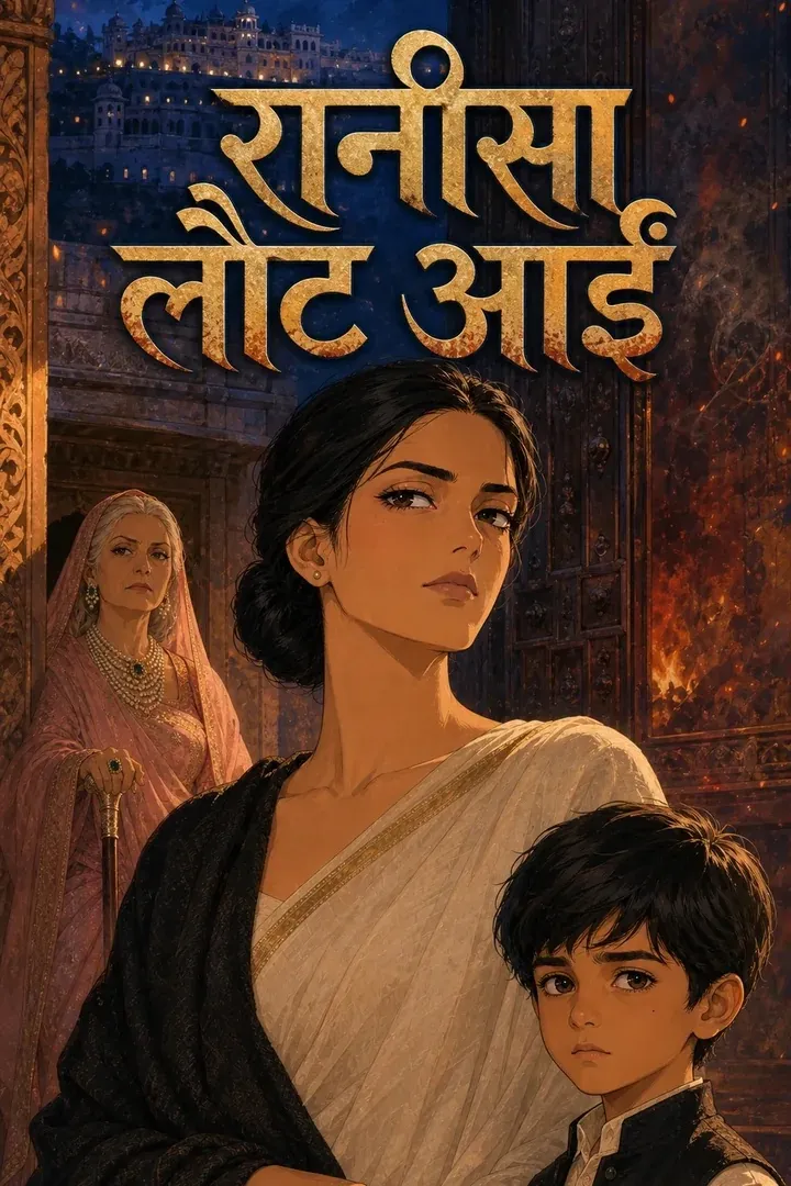 A woman in a white sari stands with a young boy before a burning haveli.